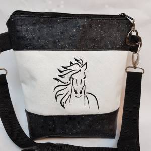 Handtasche Umhängetasche Pferd weiss schwarz Glitzer Tasche mit Herz Bild 1