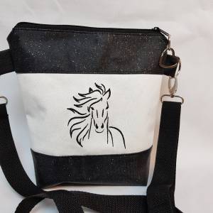 Handtasche Umhängetasche Pferd weiss schwarz Glitzer Tasche mit Herz Bild 2
