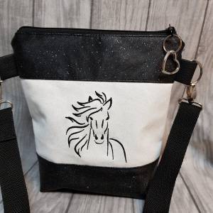 Handtasche Umhängetasche Pferd weiss schwarz Glitzer Tasche mit Herz Bild 5