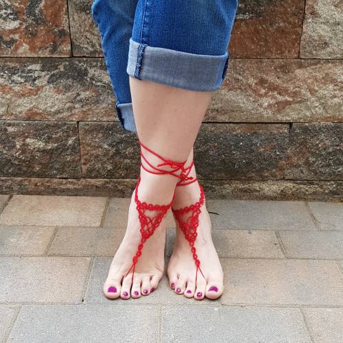 Barfuß Sandalen Fußschmuck Fußkettchen Rot geknotet aus Baumwollgarn