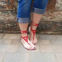 Barfuß Sandalen Fußschmuck Fußkettchen Rot geknotet aus Baumwollgarn Bild 2