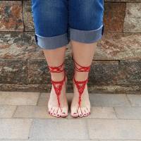 Barfuß Sandalen Fußschmuck Fußkettchen Rot geknotet aus Baumwollgarn Bild 3