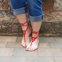 Barfuß Sandalen Fußschmuck Fußkettchen Rot geknotet aus Baumwollgarn Bild 4