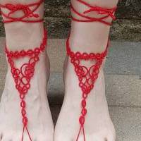 Barfuß Sandalen Fußschmuck Fußkettchen Rot geknotet aus Baumwollgarn Bild 5