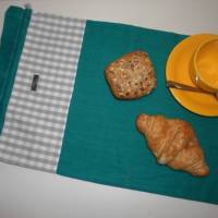 Brotbeutel "de luxe" Leinen türkis/ grau-weiß-kariert mit Baumwollkordel von friess-design Bild 1