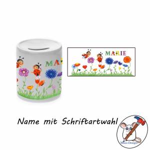 Spardose Motiv Marienkäfer mit Name / Personalisierbar / Blumen / Wiese / Sparbüchse / Sparschwein Bild 2
