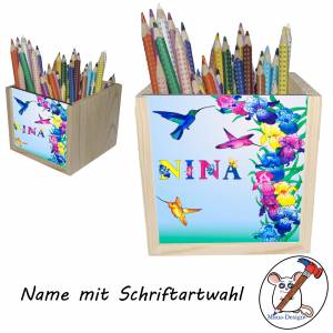 Kolibri Holz Stiftebox personalisiert z. B. Name Schriftartwahl | 10x10x10cm | Stiftehalter | Schreibtischorganizer Bild 2