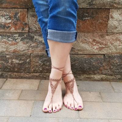 Barfuß Sandalen Fußschmuck Fußkettchen Braun geknotet aus Baumwollgarn