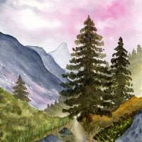 Original Aquarell "Bergwanderung" als alpine Wanddekoration Bild 1