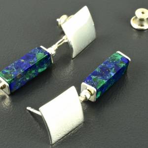 Ohrstecker mit Azurit-Malachit, 925er Silber, viereckige Ohrhänger, blau grün, Ohrringe Bild 3