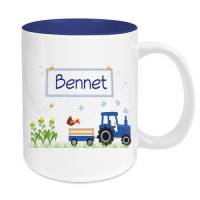 Tasse mit Namen Keramik blau für Kinder, Motiv Traktor blau Bild 1