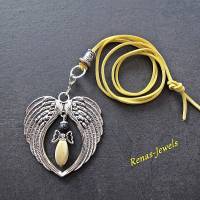Bettelkette mit Schutzengel Anhänger Edelstein Perlen Lava Howlith gelb schwarz Flügel Kette lang silberfarben Bild 2