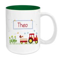 Tasse mit Namen Keramik grün für Kinder, Motiv Traktor rot Bild 1