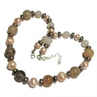 Luxus Perlenkette beige rosa apricot handgemacht mit Achat Rosenquarz und Perlen als Collier nude Muttertagsgeschenk Bild 2