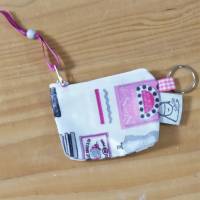 Tampontäschchen oder Geldbeutel m.Schlüsselring, beschichte Baumwolle, "Schneiderei" in grau und pink Bild 3