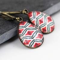 Ohrringe mit Indianer Muster, rot, lindgrün und beige, Tropfen Bild 1