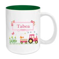 Tasse mit Namen Keramik grün für Kinder, Motiv Traktor pink Bild 1