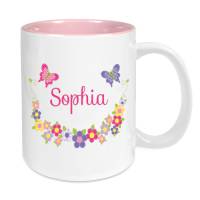 Tasse mit Namen Keramik rosa für Kinder, Motiv Blumen und Schmetterlinge Bild 1