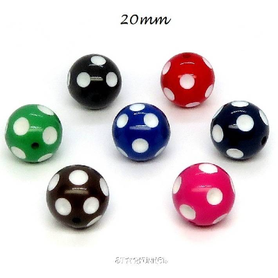 5/10/20 Acryl-Perlen "Polka Dots" 20mm kugelrund, div.Farben, weiß gepunktet, Loch 2,2mm