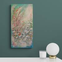 Rosa Ginster und Margeriten - Wildblumenbild auf Leinwand 30cmx60cm mit Glitter und Strukturpaste Bild 1