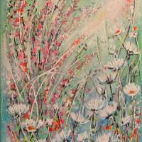 Rosa Ginster und Margeriten - Wildblumenbild auf Leinwand 30cmx60cm mit Glitter und Strukturpaste Bild 3