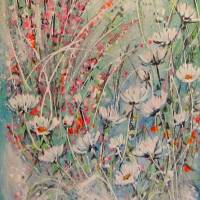Rosa Ginster und Margeriten - Wildblumenbild auf Leinwand 30cmx60cm mit Glitter und Strukturpaste Bild 4