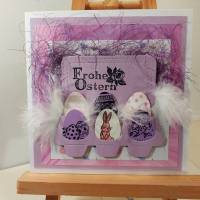 Aufwändige Osterkarte Eier Sixpack lila  Federn Bild 1