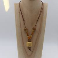 Keramikkette Mix, gold braun, Halskette aus Keramikperlen, Lederkette, Schiebeknoten, Keramikschmuck, Boho Style Bild 3