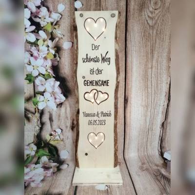 Holz Schild "Gemeinsam" Geschenk zur Hochzeit / Jubiläum personalisiert mit Name / Datum beleuchtet Holzaufstell