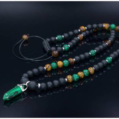 Herren Halskette aus Edelsteinen Onyx Tigerauge und Malachit mit Malachit-Anhänger, Länge 61 cm