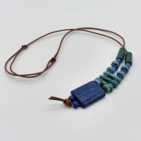 Keramikkette Mix, blau grün, V-Kette, Halskette aus Keramikperlen, Lederkette, Schiebeknoten, Keramikschmuck, Boho Style Bild 1