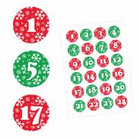 24 Adventskalender Zahlen Aufkleber ROT/GRÜN Schneeflocken - rund 4 cm Ø - Sticker Weihnachten zum basteln dekorieren DI Bild 1
