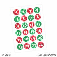 24 Adventskalender Zahlen Aufkleber ROT/GRÜN Schneeflocken - rund 4 cm Ø - Sticker Weihnachten zum basteln dekorieren DI Bild 2