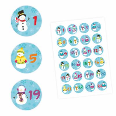 24 Adventskalender Zahlen Aufkleber Schneemann - rund 4 cm Ø - Sticker Weihnachten zum basteln dekorieren DIY