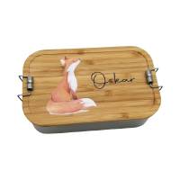 Brotdose personalisiert aus Edelstahl mit Bambus Deckel "Fuchs", Trennsteg, Lunchbox Bild 1