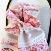 Brotbeutel Brötchentüte Leinenbeutel mit Rosen und Spitze, handbestickt, rot rosa weiß Bild 4