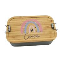 Brotdose personalisiert aus Edelstahl mit Bambus Deckel "Regenbogen pfirsich", Trennsteg, Lunchbox Bild 1