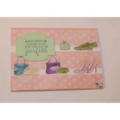 3D Muttertagskarte  Geburtstagskarte Glückwunschkarte in Rosa mit Schuhen, Parfüm,ect. Handgefertigt Stampin'Up! Un