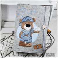 U-Hefthülle aus graumelierten Wollfilz mit Doodlestickerei Cool Bär, personalisierbar Bild 4