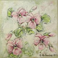 ROSA STIEFMÜTTERCHEN - kleines Blumenbild auf Leinwand je 20cmx20cm mit Glitter und Strukturpaste Bild 2