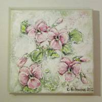 ROSA STIEFMÜTTERCHEN - kleines Blumenbild auf Leinwand je 20cmx20cm mit Glitter und Strukturpaste Bild 3