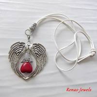 Bettelkette mit Schutzengel Anhänger Edelstein Perlen Jade Howlith rot weiß Flügel Kette silberfarben Bild 2