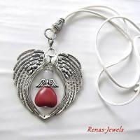 Bettelkette mit Schutzengel Anhänger Edelstein Perlen Jade Howlith rot weiß Flügel Kette silberfarben Bild 3