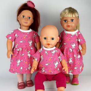 Einhörner Regenbogen und Sternschnuppen, als Kleid oder T-Shirt, Puppenkleidung für Puppen Gr. 40-45 cm, pink Bild 1