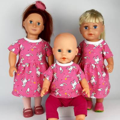 Einhörner Regenbogen und Sternschnuppen, als Kleid oder T-Shirt, Puppenkleidung für Puppen Gr. 40-45 cm, pink