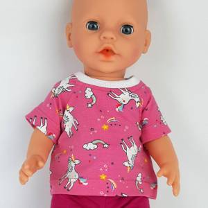 Einhörner Regenbogen und Sternschnuppen, als Kleid oder T-Shirt, Puppenkleidung für Puppen Gr. 40-45 cm, pink Bild 6