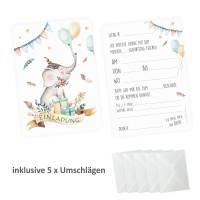 5 Einladungskarten Elefant Luftballon Indianer inkl. 5 transparenten Briefumschlägen Kindergeburtstag Mädchen Junge Einl Bild 1