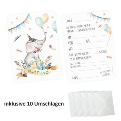 10 Einladungskarten Elefant Luftballon Indianer inkl. 10 transparenten Briefumschlägen Kindergeburtstag Mädchen 