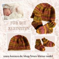 gestricke Baby-Garnitur mit Mütze und farblich passenden Socken in Braun-Tönen Bild 6