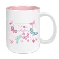 Tasse mit Namen Keramik rosa für Kinder, Motiv Schmetterlinge Bild 1